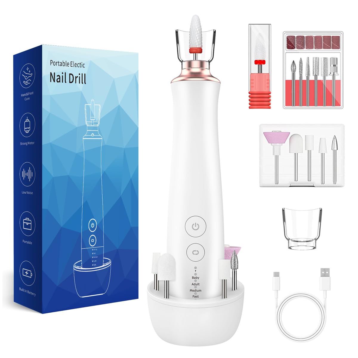 MAYCREATE USB Nail Drill Machine with Drill Bits Multifunctional Nail Drill Machine with 5 Speed Acrylic Nail Polishing Kit with Charging Base Anti-splash Nail Drill Machine for Nail Art MAYCREATE USB Nail Drill Machine with Drill Bits Multifunctional Nail Drill Machine with 5 Speed Acrylic Nail Polishing Kit with Charging Base Anti-splash Nail Drill Machine for Nail Art